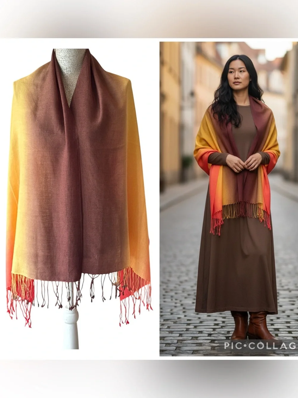 100% Pashmina Brown Yellow Orange Fall Ombré Fringe Scarf OS
